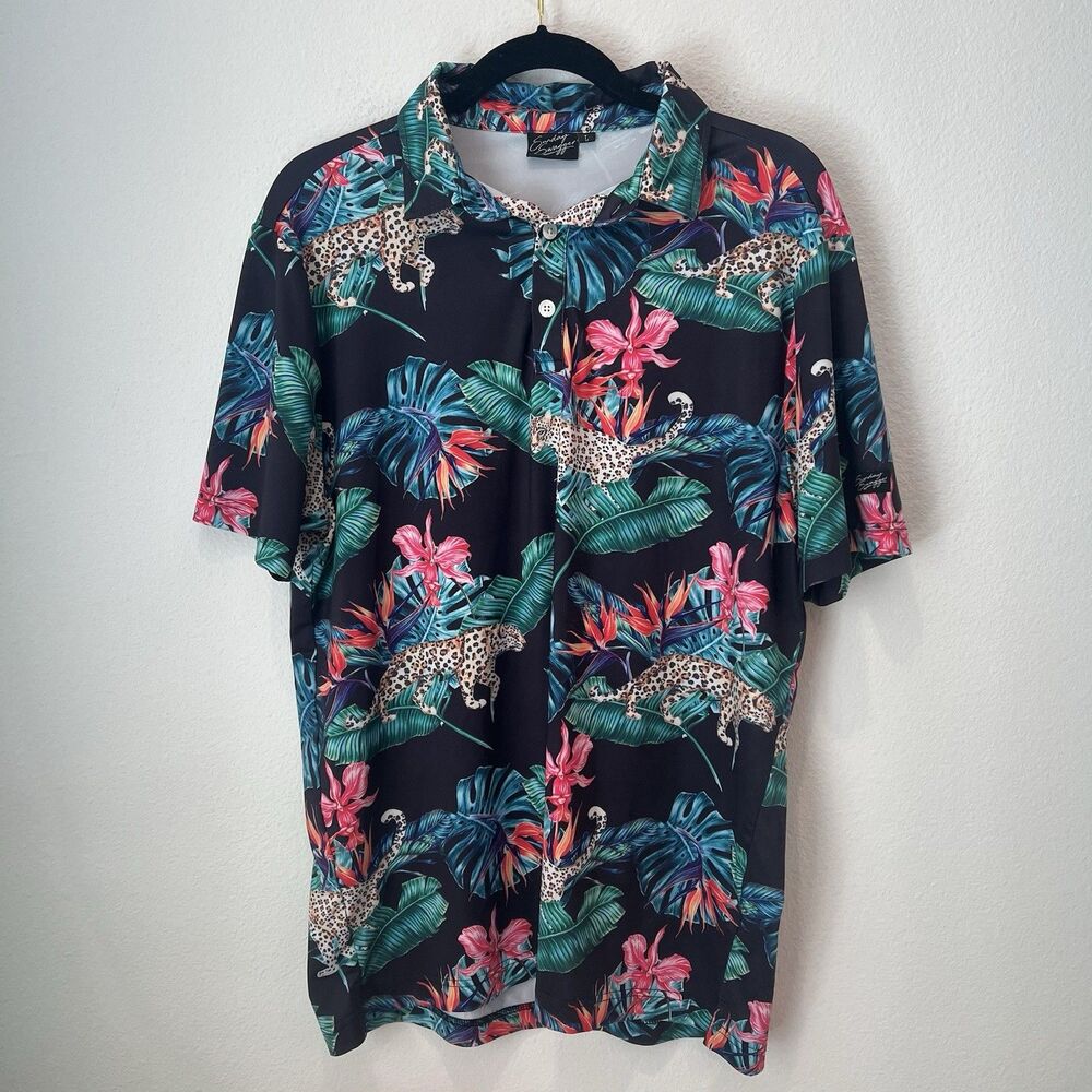 Sunday Swagger Men’s Polo Shirt Large – Tropical Floral Hawaiian Golf Vacation